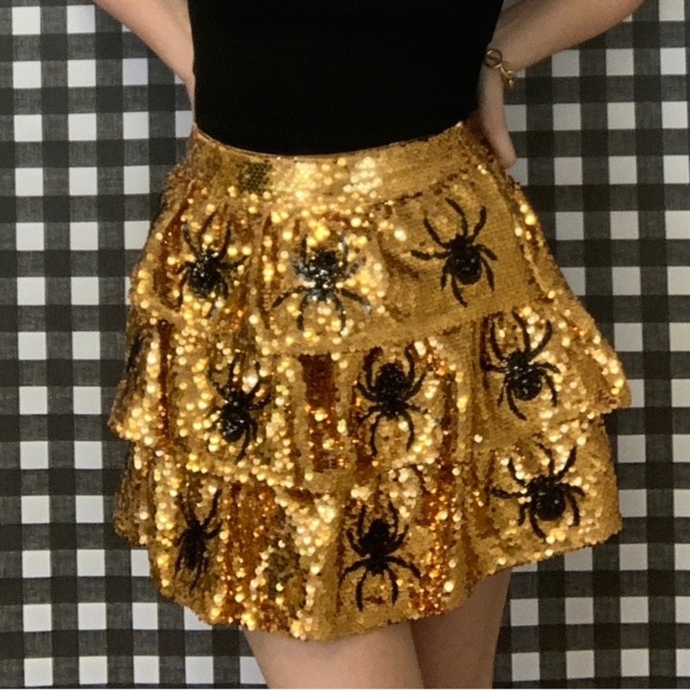 NWT Peach Love Halloween Gold Black Spider mini sequin skirt costume New Spooky